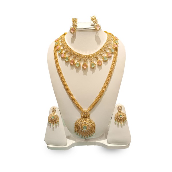 Matte Gold Plated Pota Stone Double Necklace Set