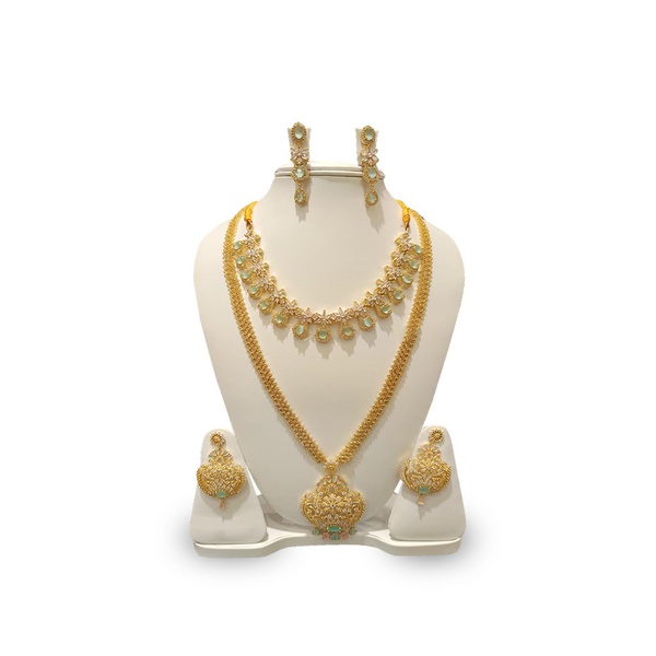 Matte Gold Plated Pota Stone Temple Long Necklace Combo